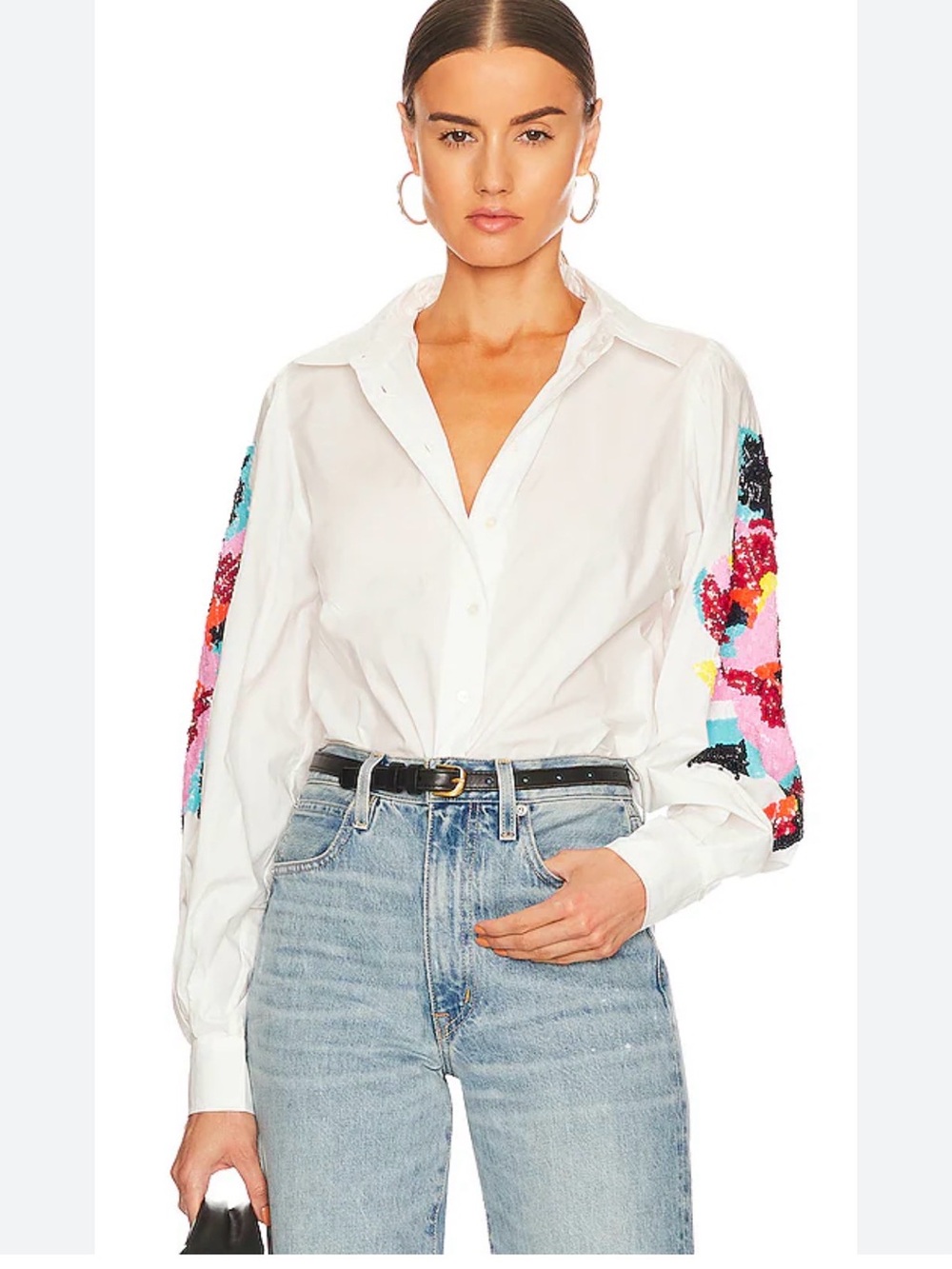 White Button-Down Shirt with Multicolor Sequin Sleeve Embellishment